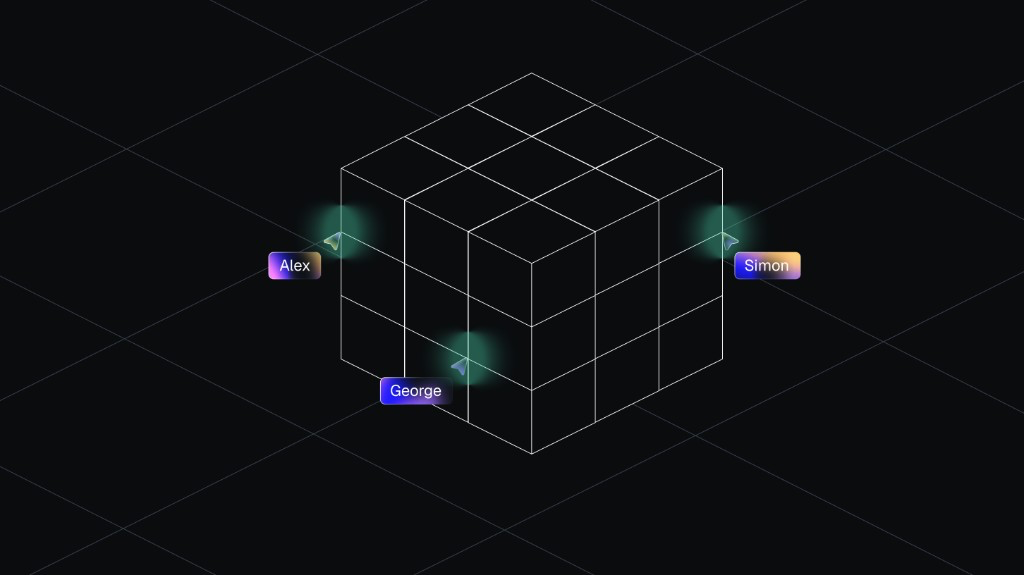 Collaborators Alex, George, and Simon connected to a shared wireframe cube on the Blocks.ai network