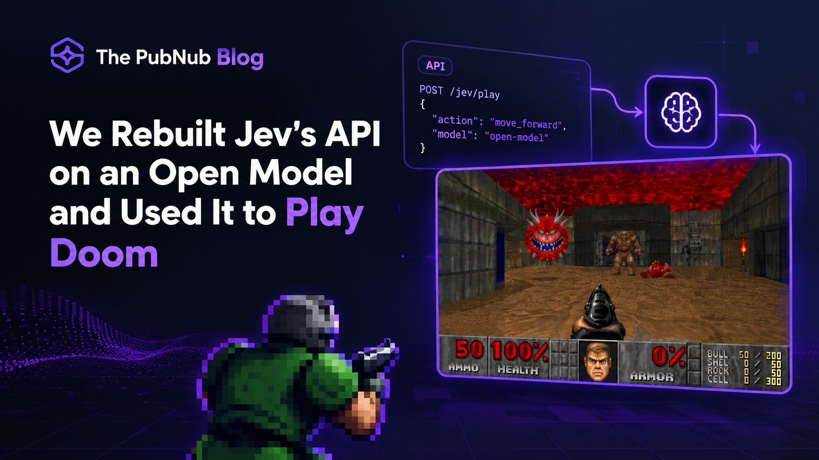 Doom gameplay footage rendered from decisions made by an open-model replica of Jev's decision API.